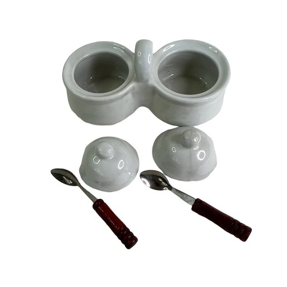 Double Condiment Cup Ceramic Jelly Jam Relish Server with Spoons - Picture 5 of 8